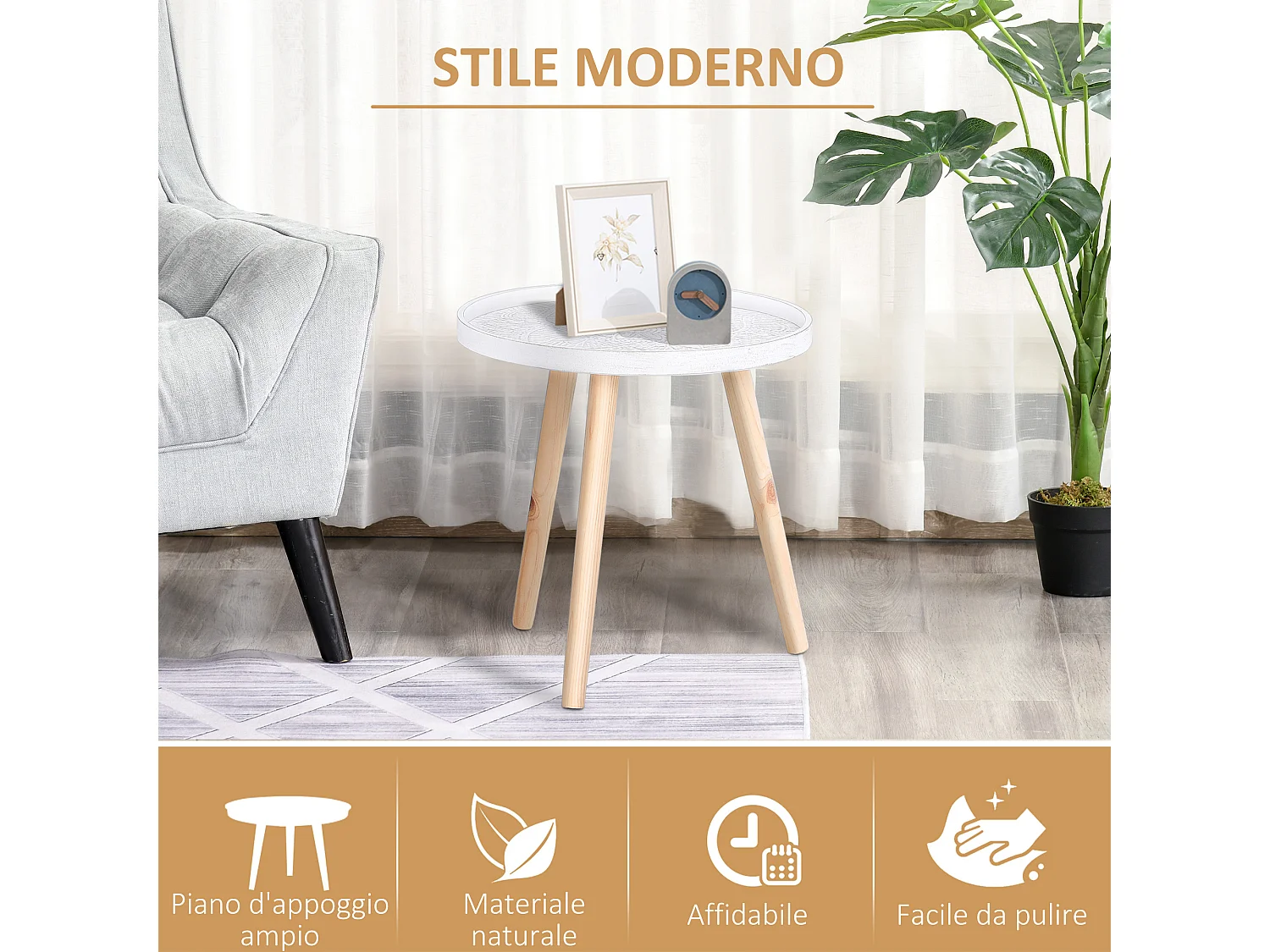 Tavolino da salotto rotondo bordo rialzato in legno bianco oro