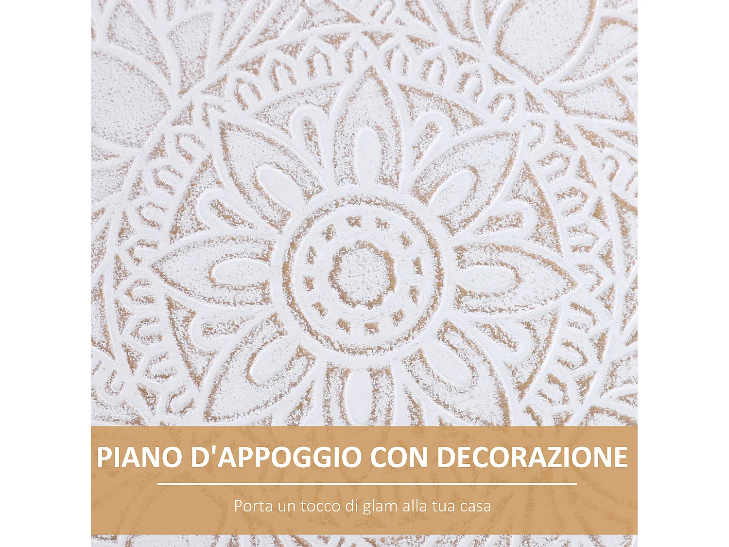 Tavolino da salotto rotondo bordo rialzato in legno bianco oro