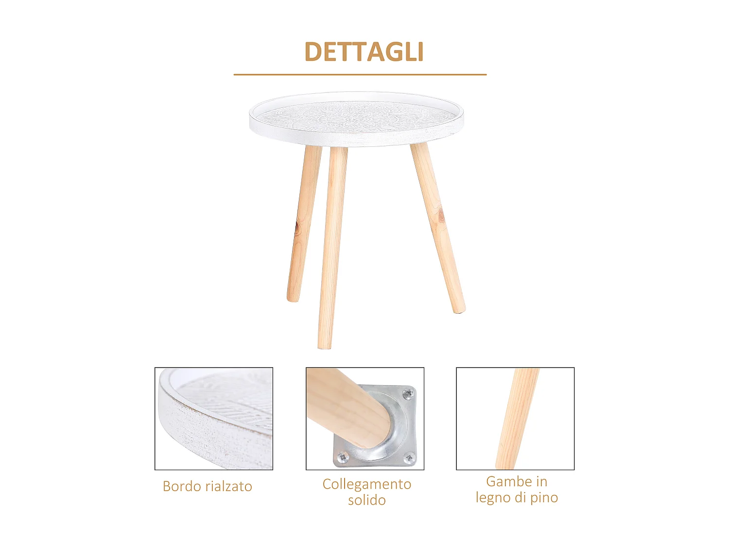 Tavolino da salotto rotondo bordo rialzato in legno bianco oro