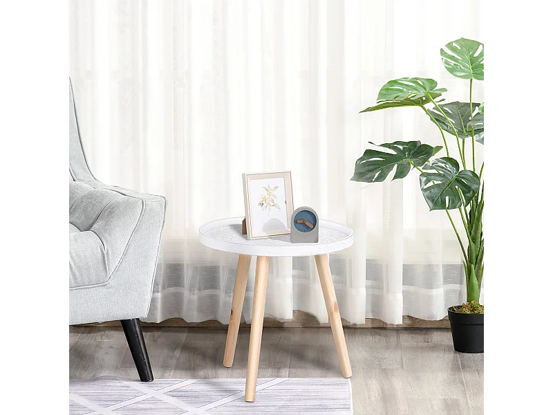 Tavolino da salotto rotondo bordo rialzato in legno bianco oro