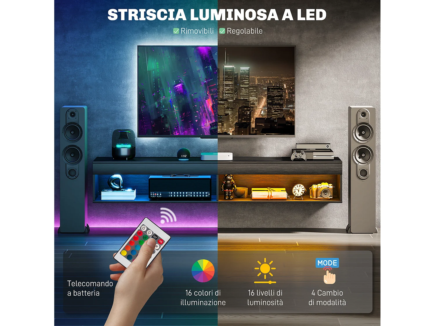 Mobile porta tv fino 75 sospeso con luci led 16 colori e modalità regolabile con telecomando