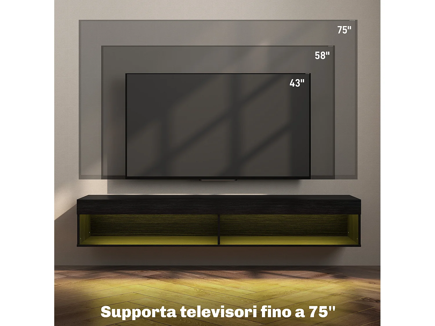 Mobile porta tv fino 75 sospeso con luci led 16 colori e modalità regolabile con telecomando