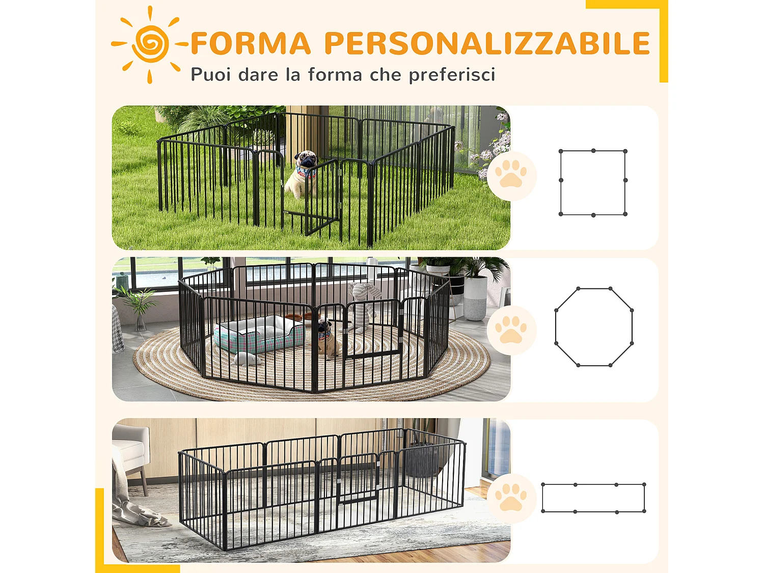 Cancellino per cani a 8 pannelli modulabili in acciaio nero