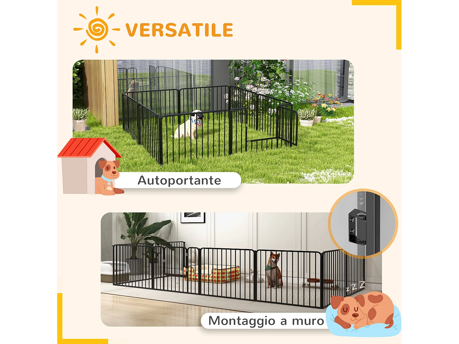 Cancellino per cani a 8 pannelli modulabili in acciaio nero