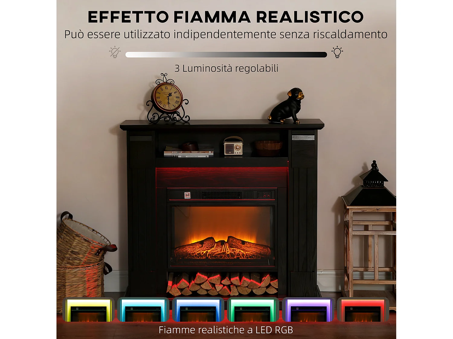Camino elettrico con cornice effetto fiamma 3d realistico 3 modalità