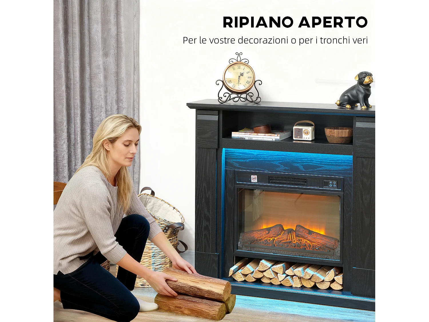 Camino elettrico con cornice effetto fiamma 3d realistico 3 modalità