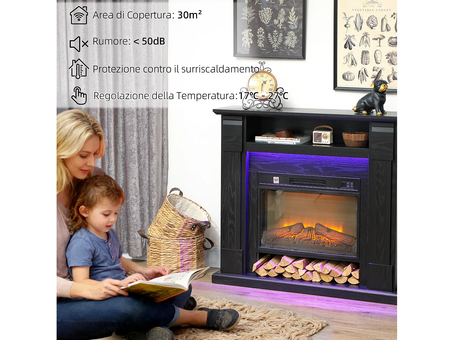 Camino elettrico con cornice effetto fiamma 3d realistico 3 modalità