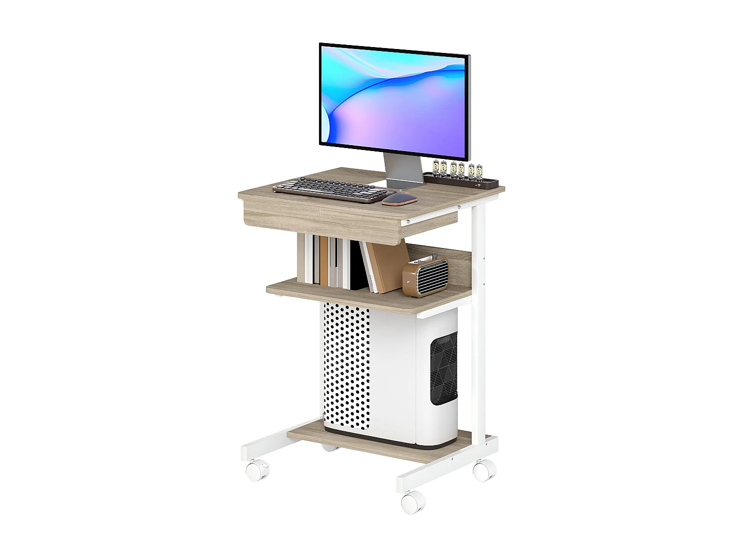 Scrivania pc con cassetto scorrevole e 2 ripiani aperti bianco rovere