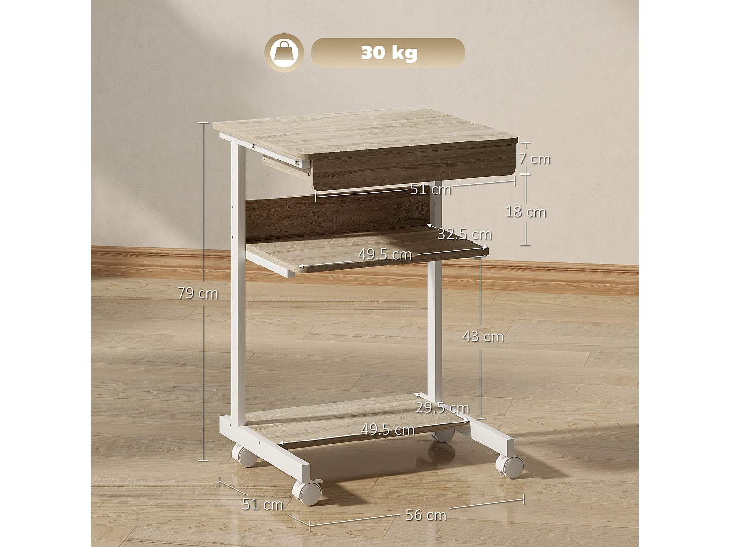 Scrivania pc con cassetto scorrevole e 2 ripiani aperti bianco rovere