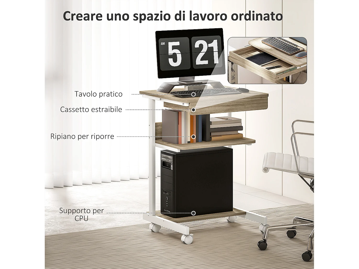 Scrivania pc con cassetto scorrevole e 2 ripiani aperti bianco rovere