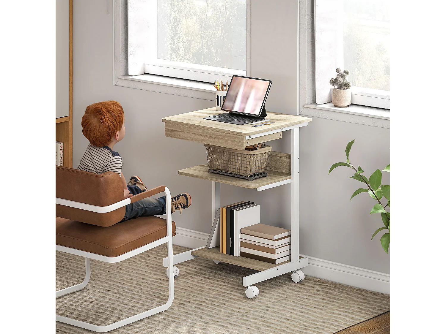 Scrivania pc con cassetto scorrevole e 2 ripiani aperti bianco rovere