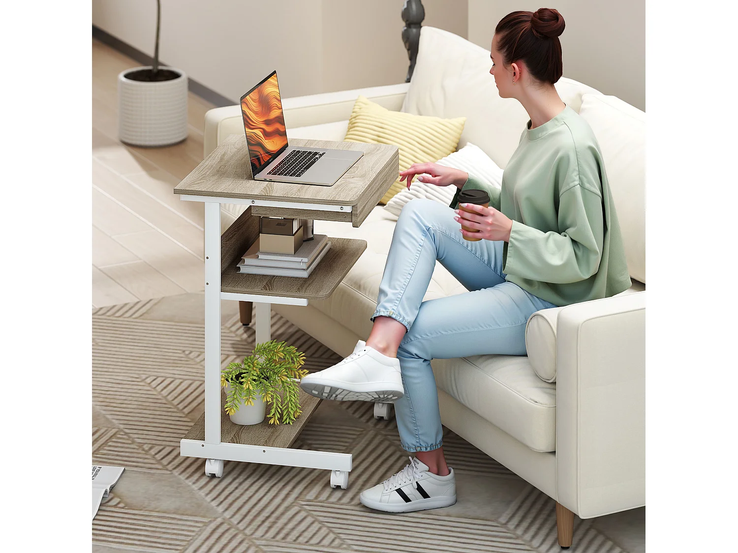 Scrivania pc con cassetto scorrevole e 2 ripiani aperti bianco rovere