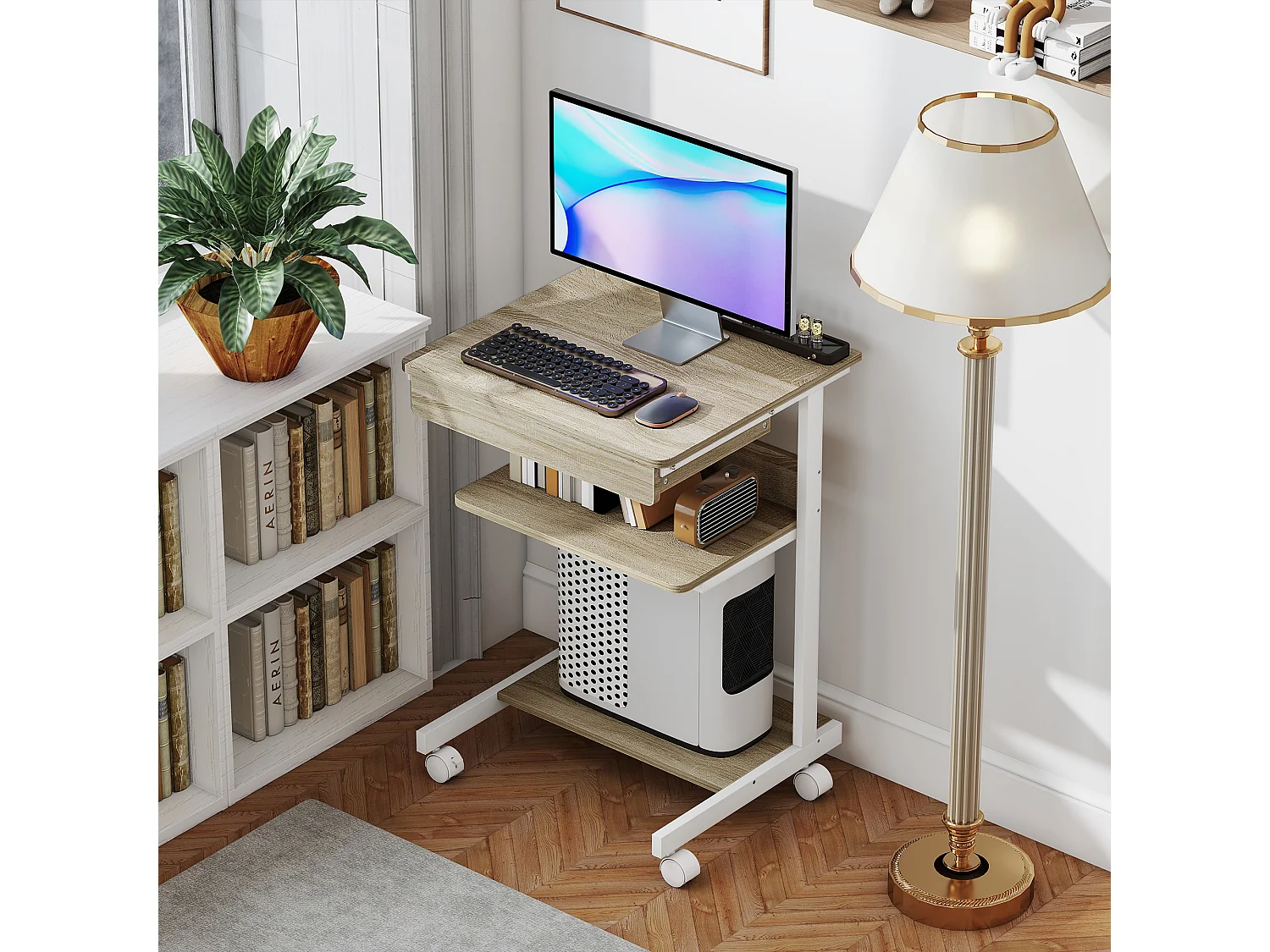 Scrivania pc con cassetto scorrevole e 2 ripiani aperti bianco rovere