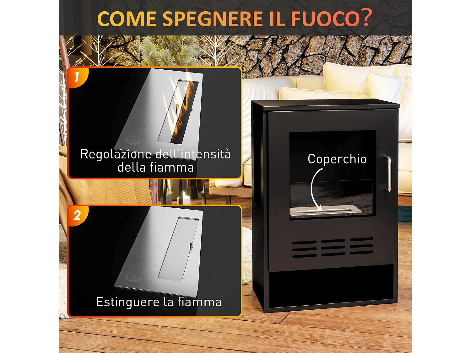 Caminetto a etanolo con bruciatore da 0.9L e durata 3.3 ore nero