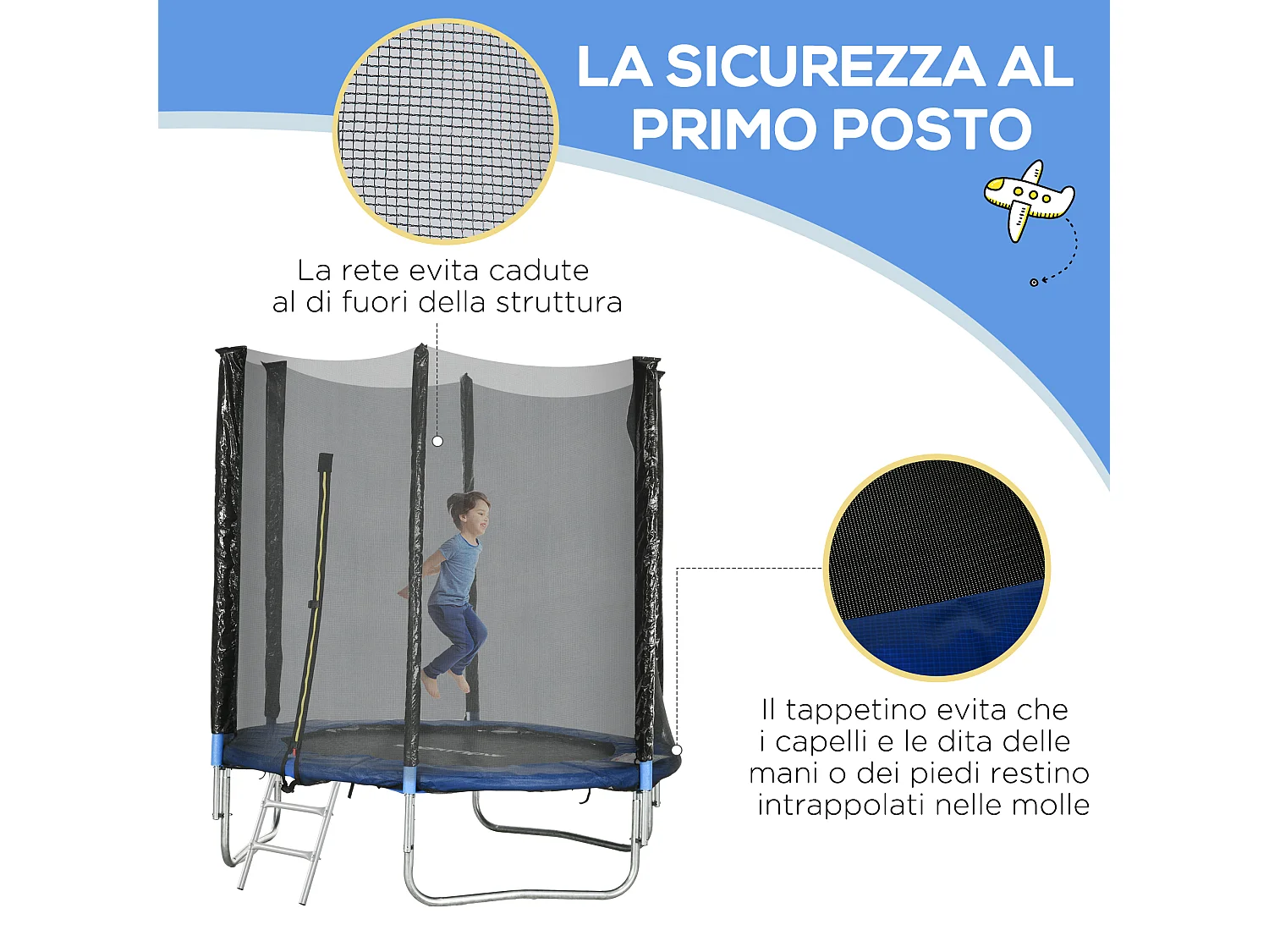 Trampolino elastico con scaletta e rete di sicurezza blu