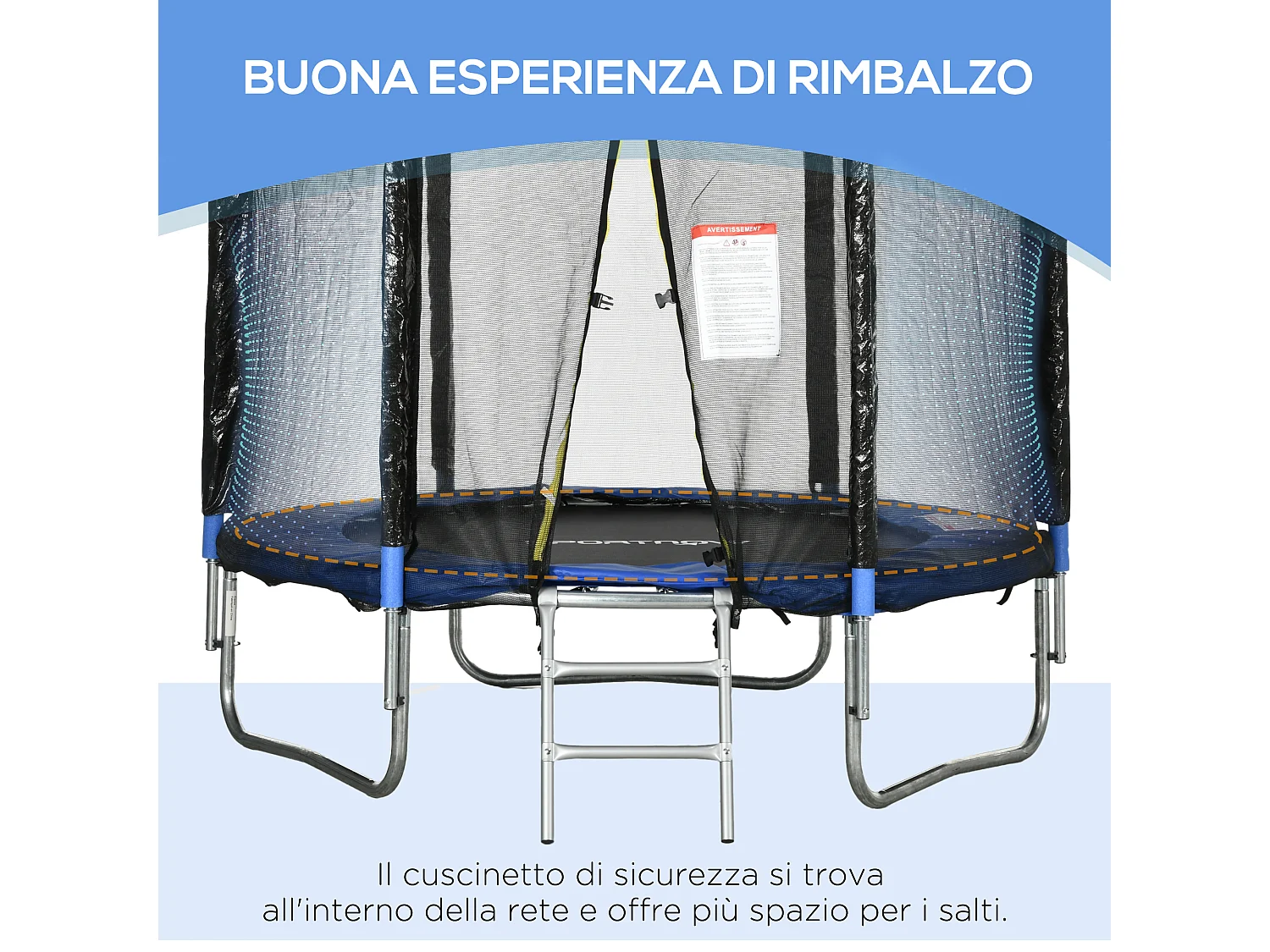 Trampolino elastico con scaletta e rete di sicurezza blu