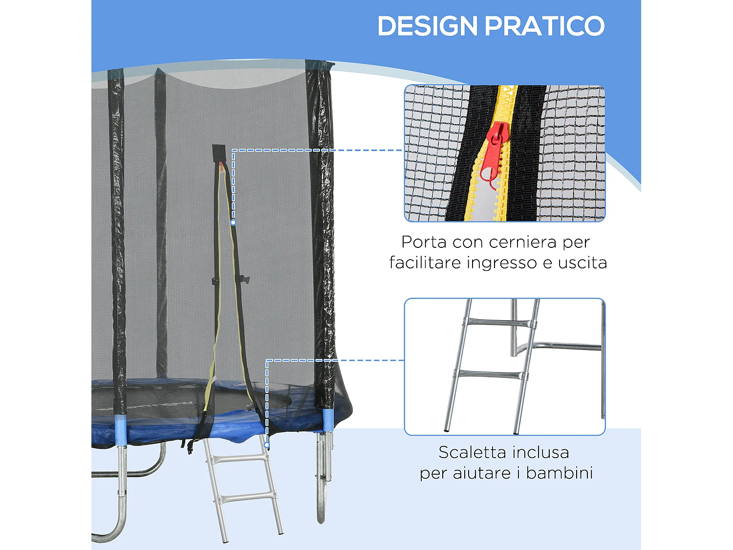 Trampolino elastico con scaletta e rete di sicurezza blu
