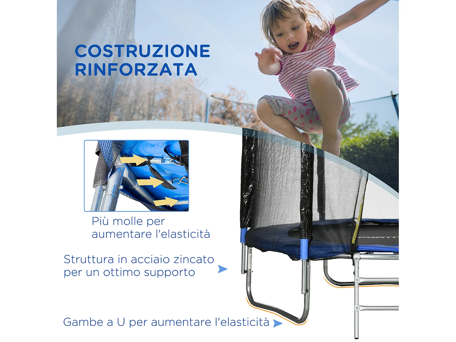 Trampolino elastico con scaletta e rete di sicurezza blu