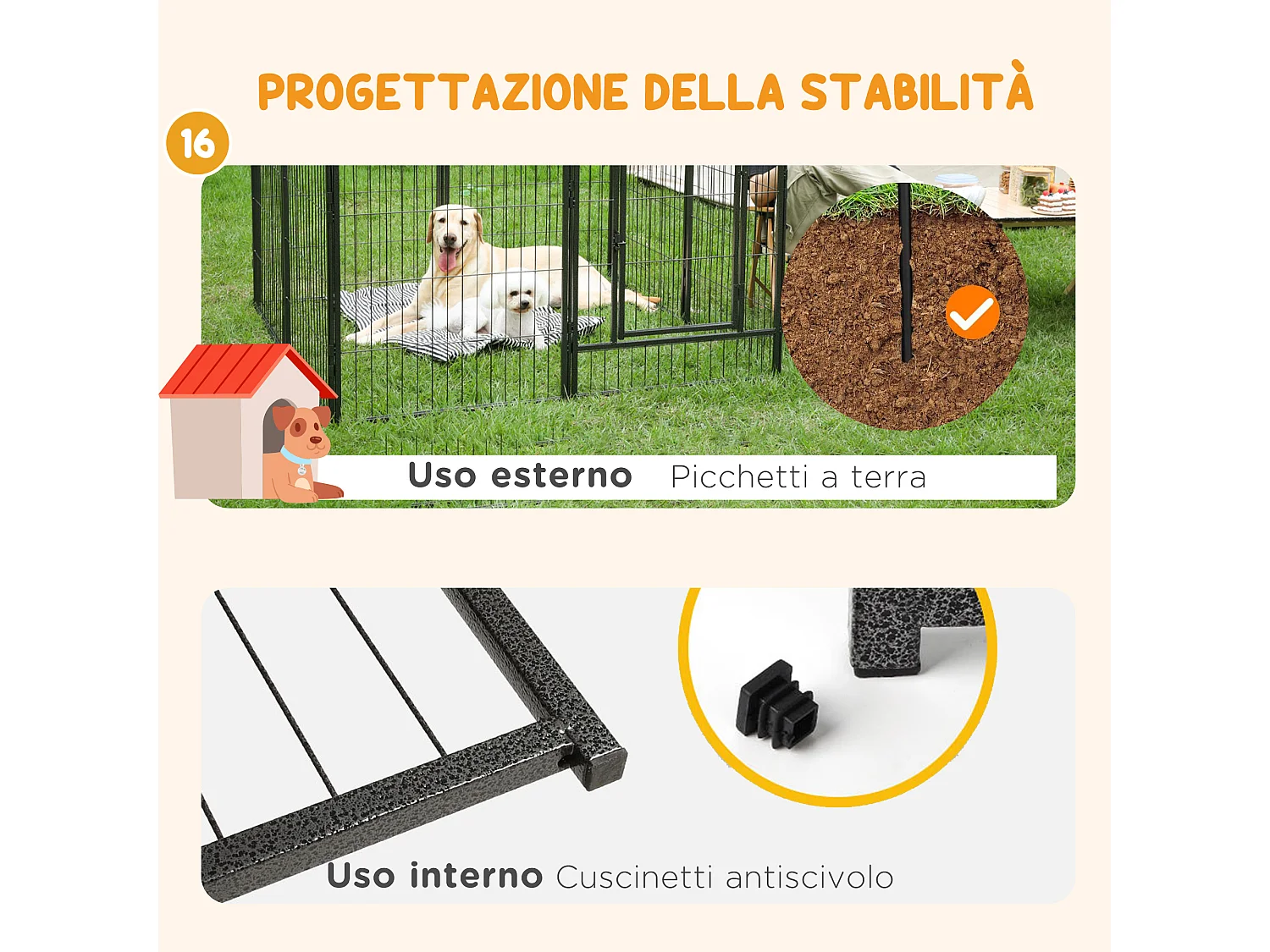 Recinto per cani 16 pannelli modulabili 2 ingressi grigio