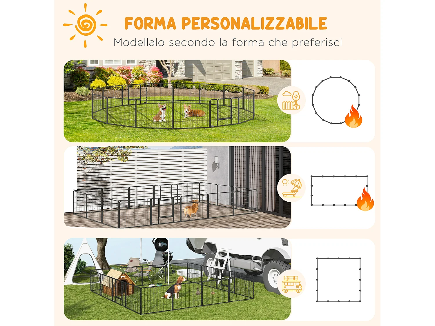 Recinto per cani 16 pannelli modulabili 2 ingressi grigio