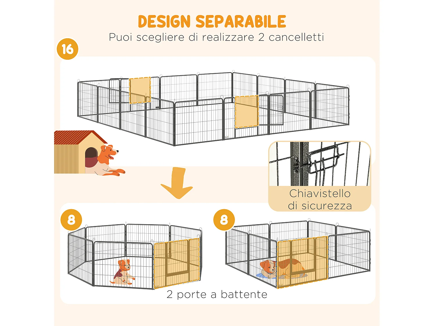 Recinto per cani 16 pannelli modulabili 2 ingressi grigio