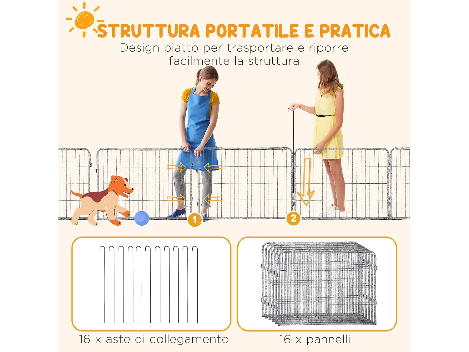 Recinto per cani 16 pannelli modulabili 2 ingressi grigio