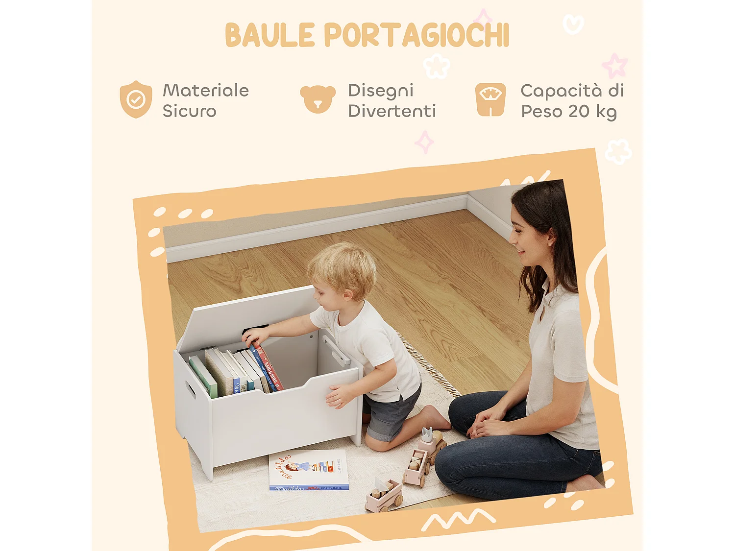 Baule portagiochi per bambini 3-8 anni a forma di orso capacità 20 kg