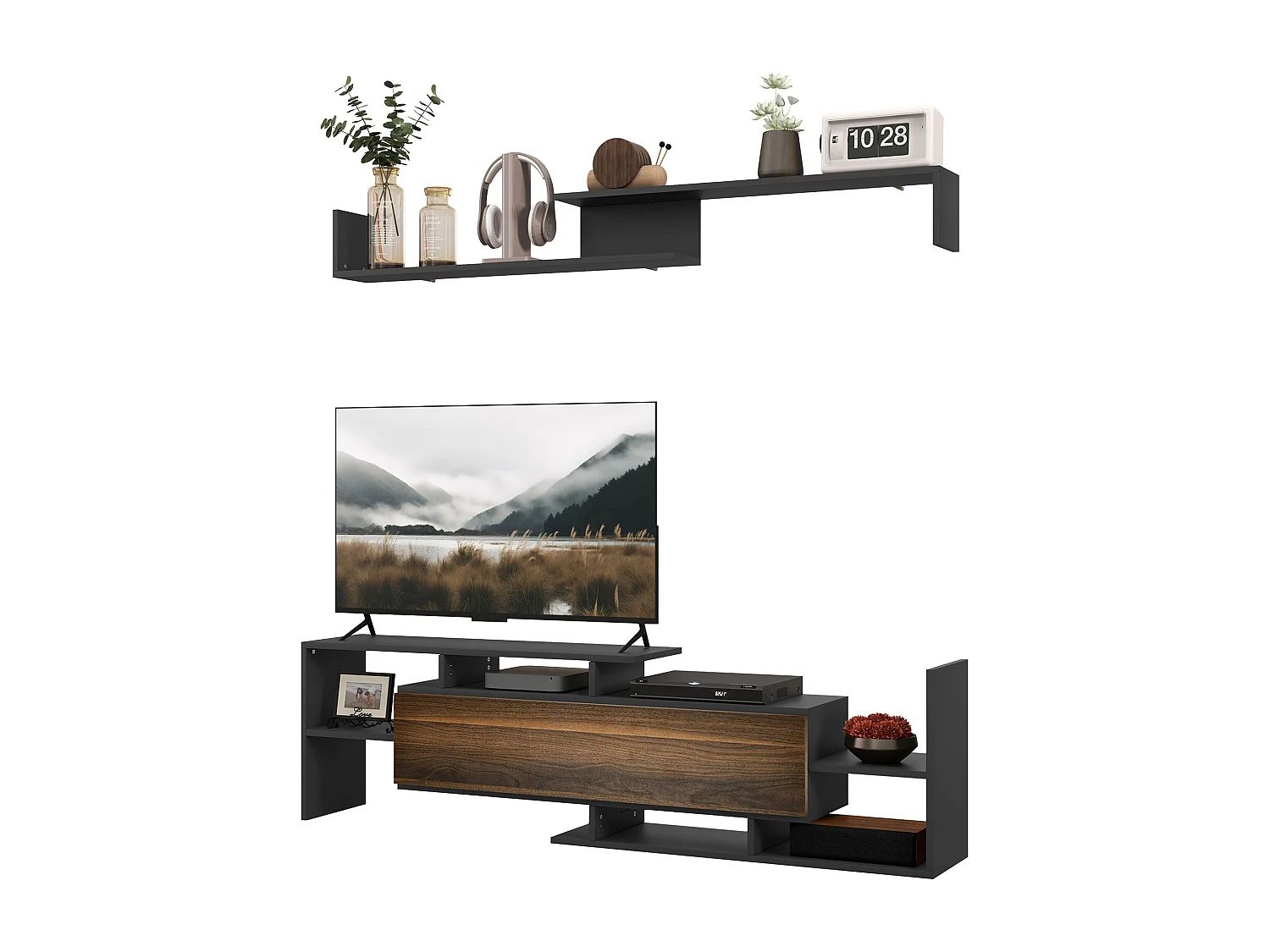 Mobile tv con mensola a muro, ripiani aperti e armadietto in legno