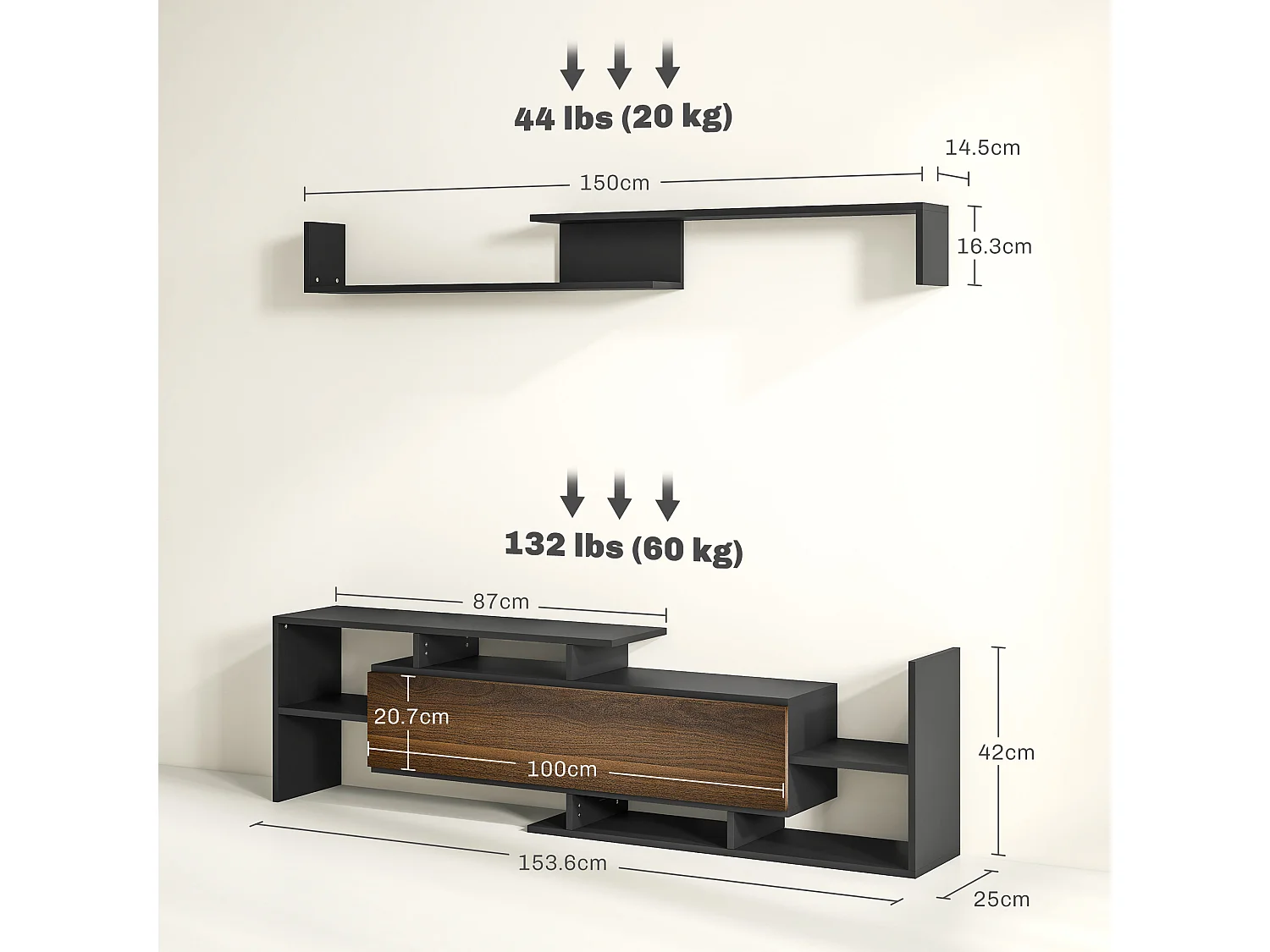 Mobile tv con mensola a muro, ripiani aperti e armadietto in legno
