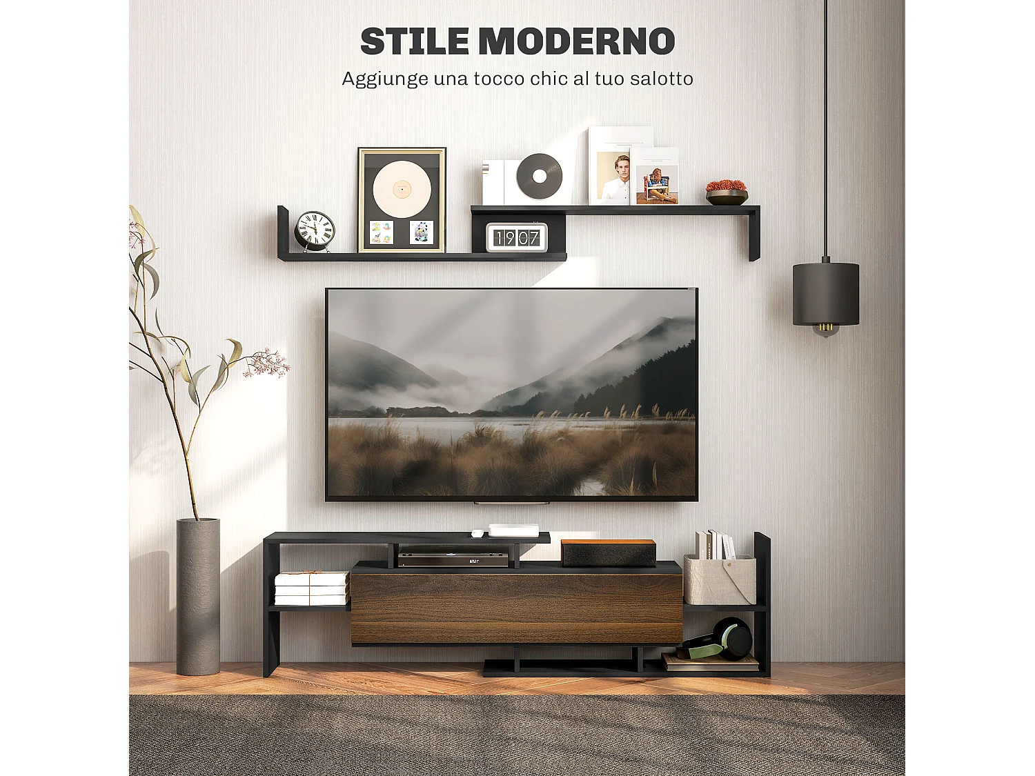 Mobile tv con mensola a muro, ripiani aperti e armadietto in legno