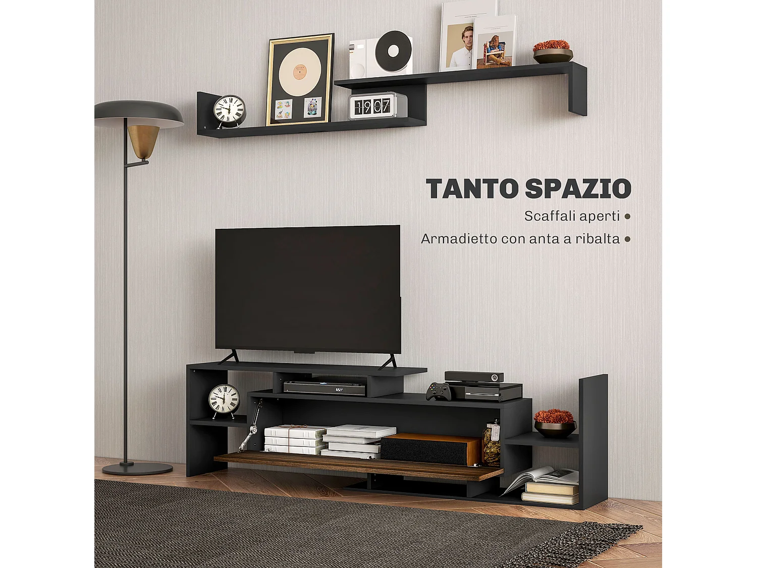 Mobile tv con mensola a muro, ripiani aperti e armadietto in legno