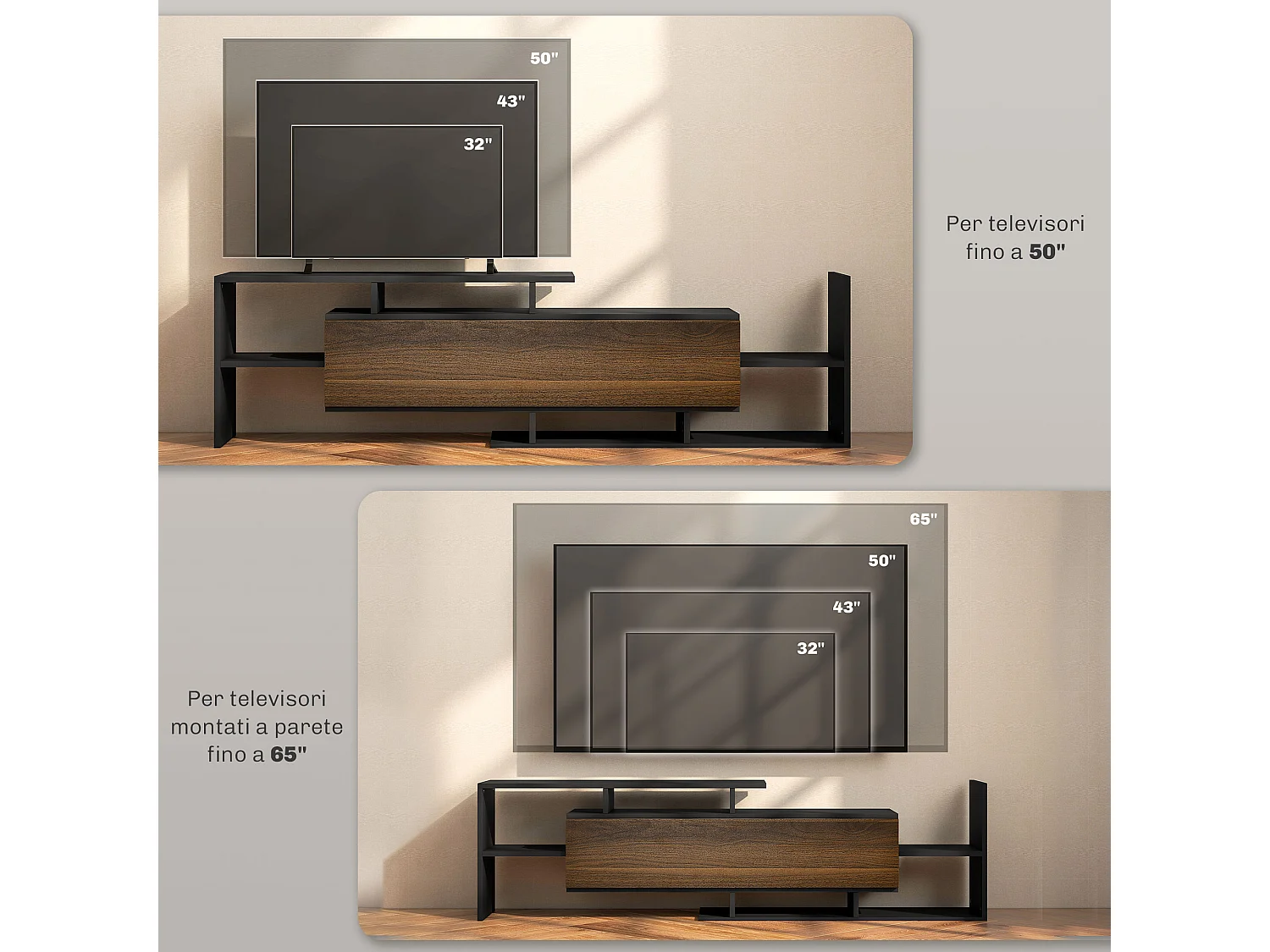 Mobile tv con mensola a muro, ripiani aperti e armadietto in legno