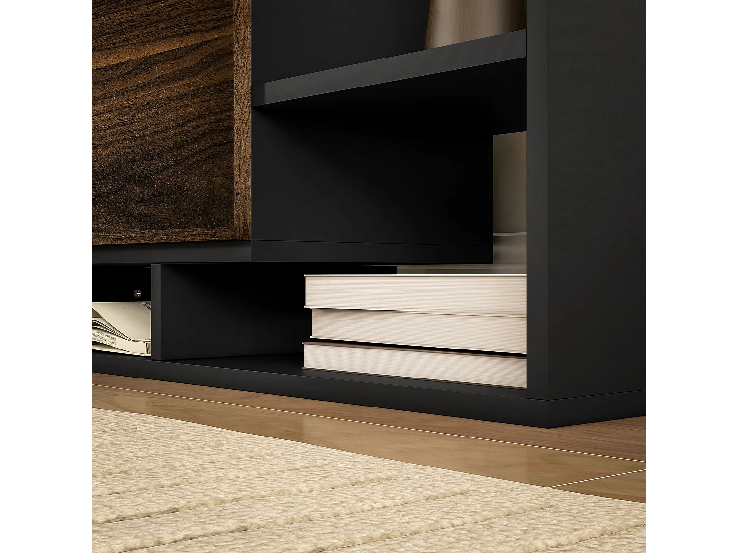 Mobile tv con mensola a muro, ripiani aperti e armadietto in legno