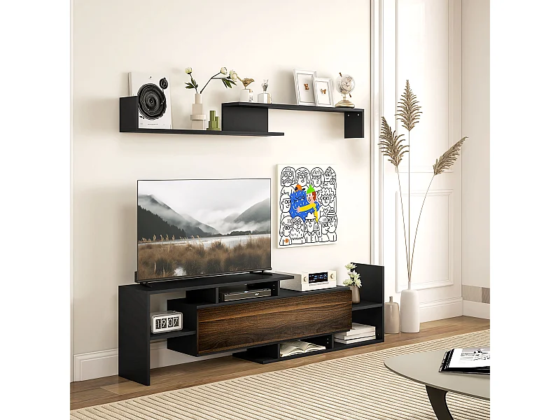 Mobile tv con mensola a muro, ripiani aperti e armadietto in legno