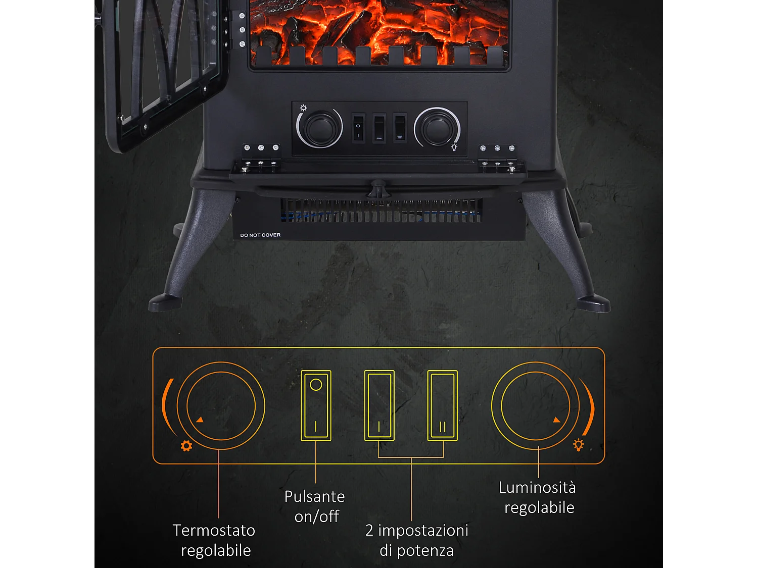 Camino elettrico effetto fiamma e termostato 1000-2000W nero