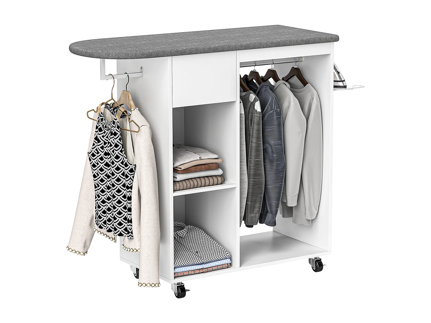 Mobile asse da stiro con ruote porta ferro e barra per abiti bianco