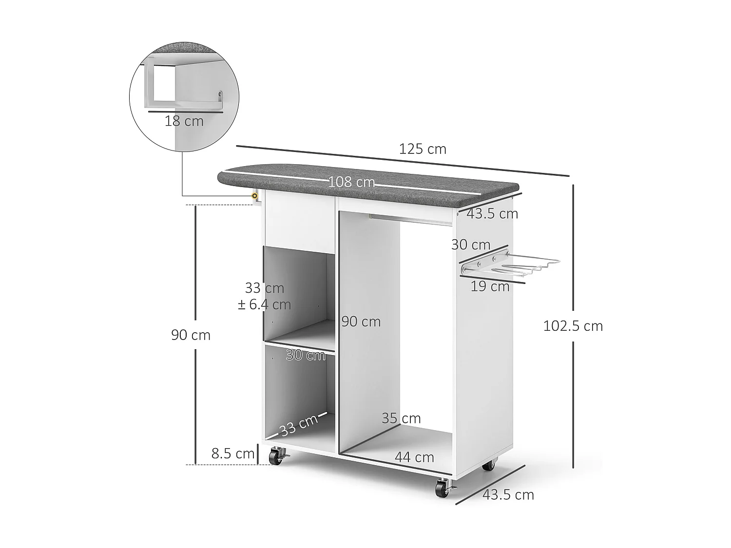 Mobile asse da stiro con ruote porta ferro e barra per abiti bianco