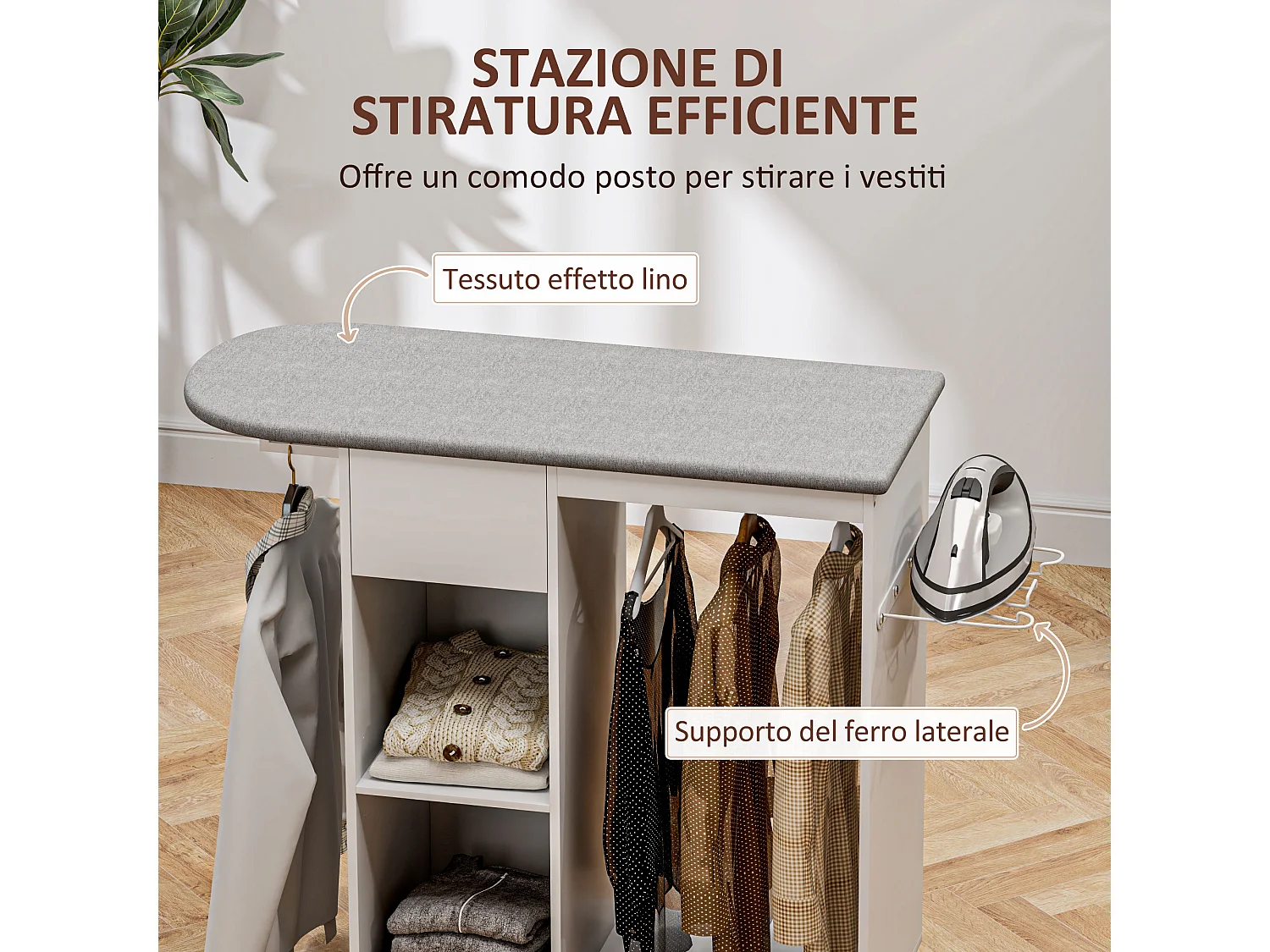 Mobile asse da stiro con ruote porta ferro e barra per abiti bianco