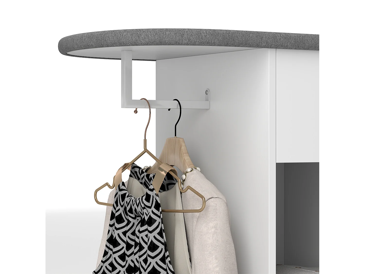 Mobile asse da stiro con ruote porta ferro e barra per abiti bianco