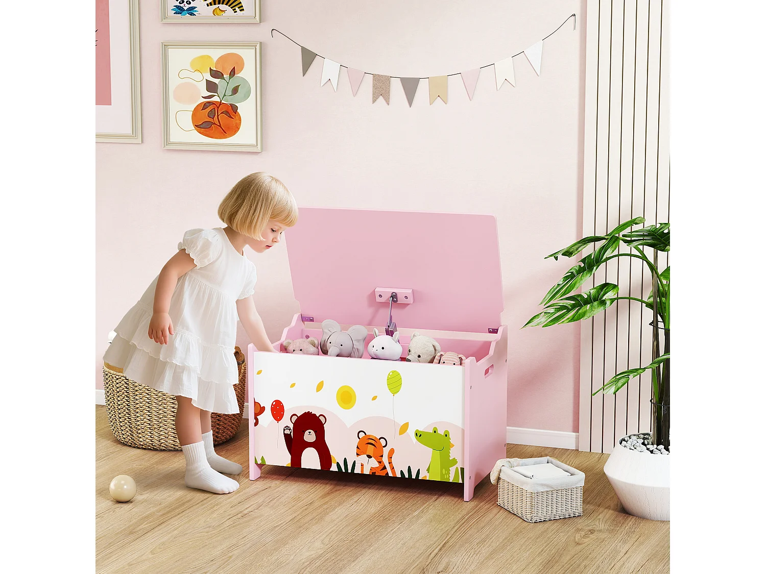 Baule portagiochi per bambini contenitore per giocattoli in legno con cerniere di sicurezza