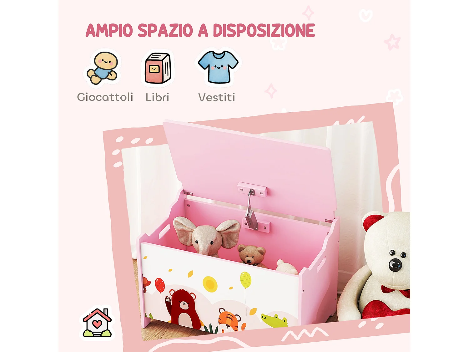 Baule portagiochi per bambini contenitore per giocattoli in legno con cerniere di sicurezza