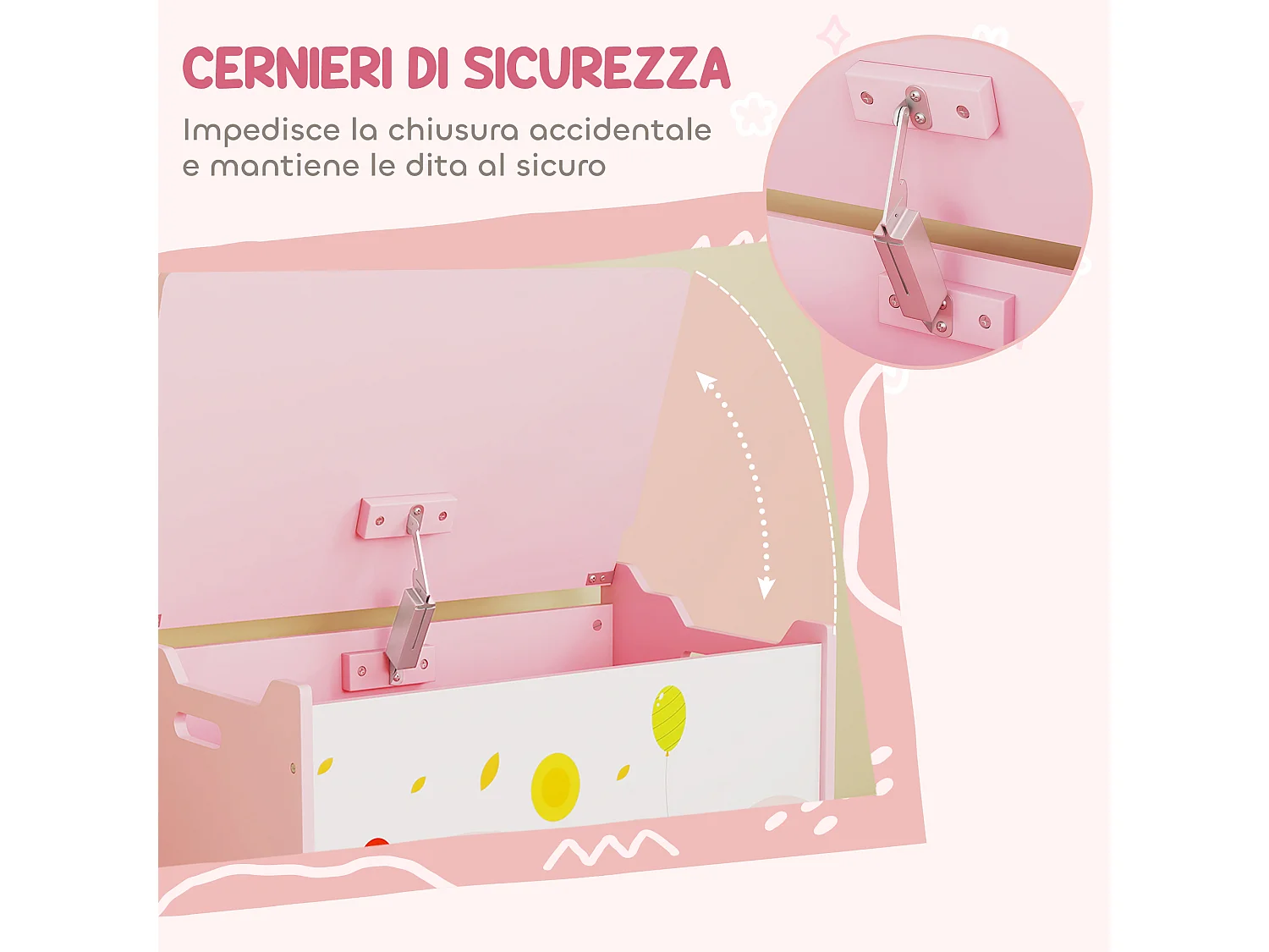 Baule portagiochi per bambini contenitore per giocattoli in legno con cerniere di sicurezza