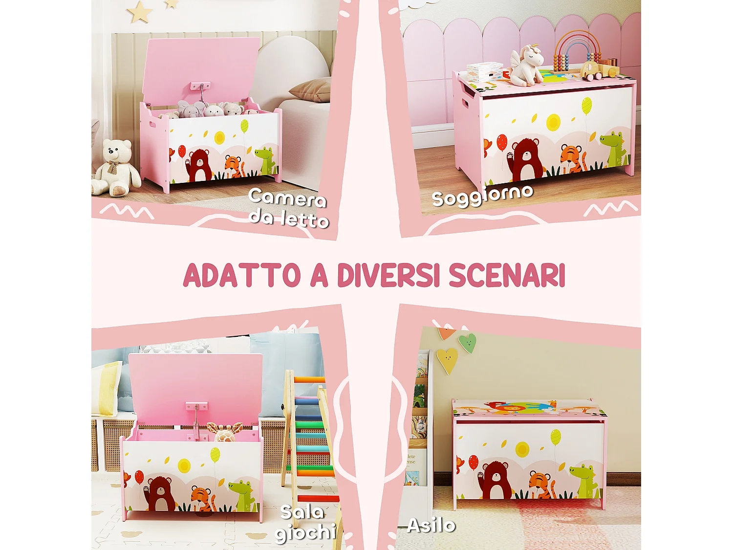 Baule portagiochi per bambini contenitore per giocattoli in legno con cerniere di sicurezza