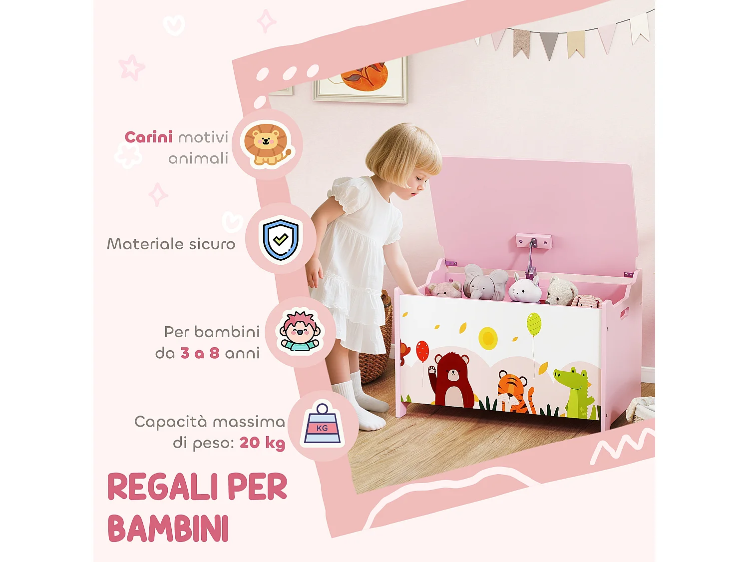 Baule portagiochi per bambini contenitore per giocattoli in legno con cerniere di sicurezza