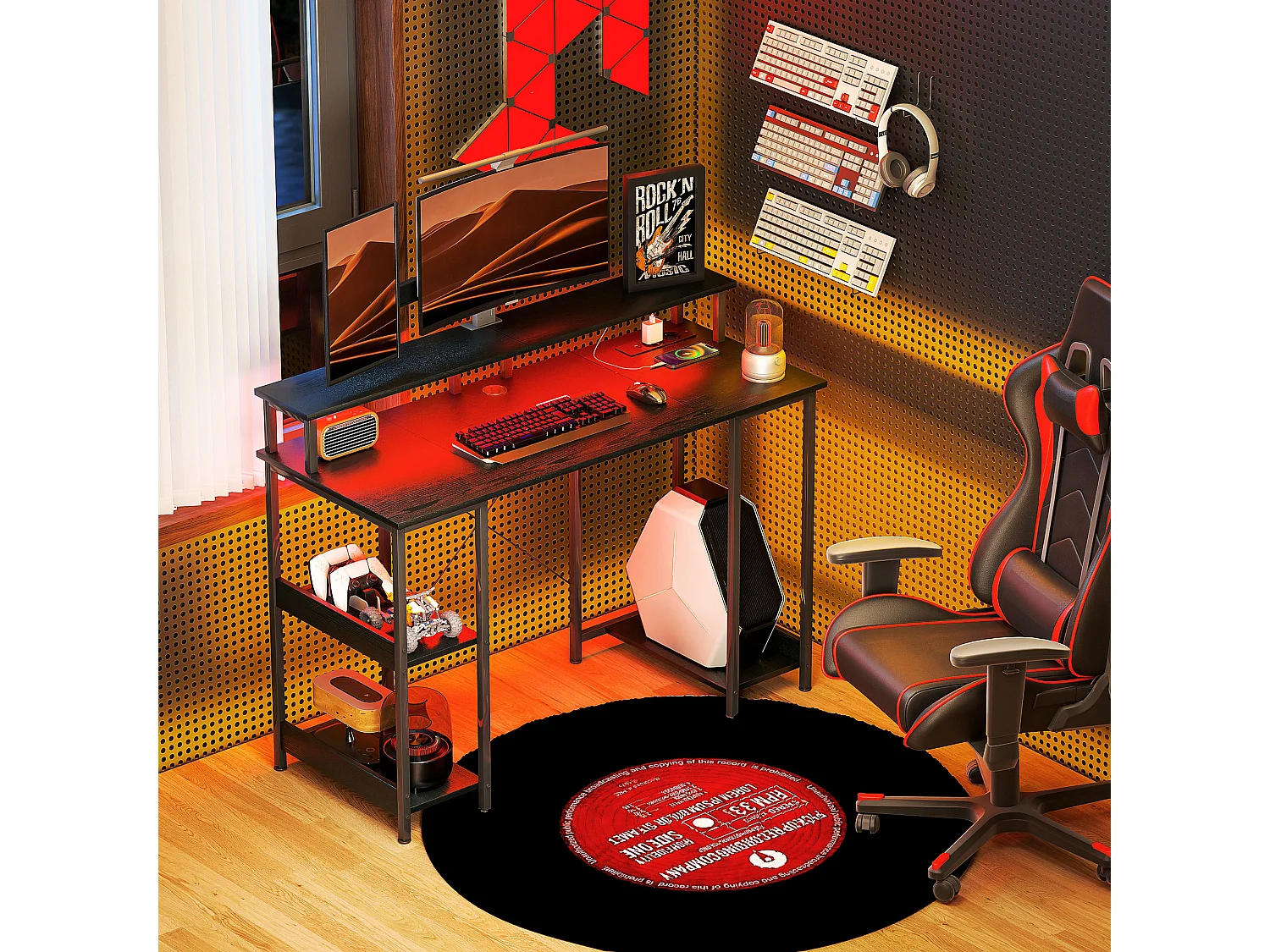 Scrivania per pc con prese elettriche luci led e rialzo monitor nero