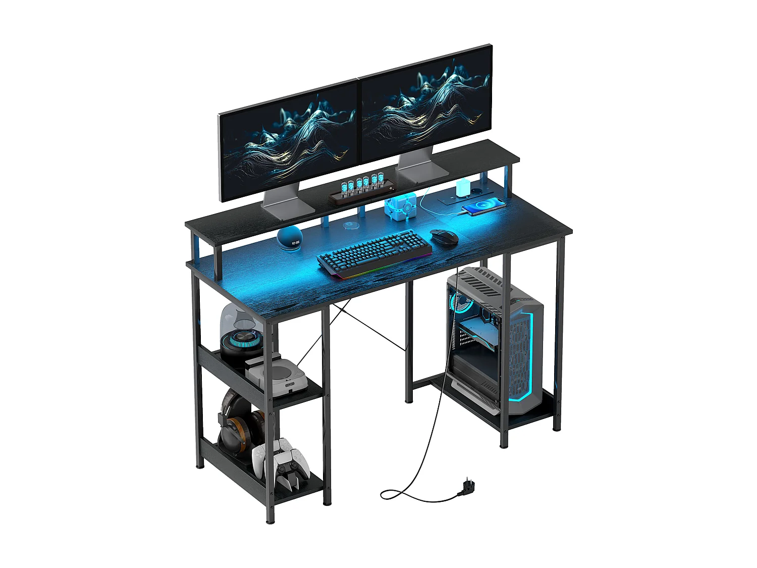 Scrivania per pc con prese elettriche luci led e rialzo monitor nero