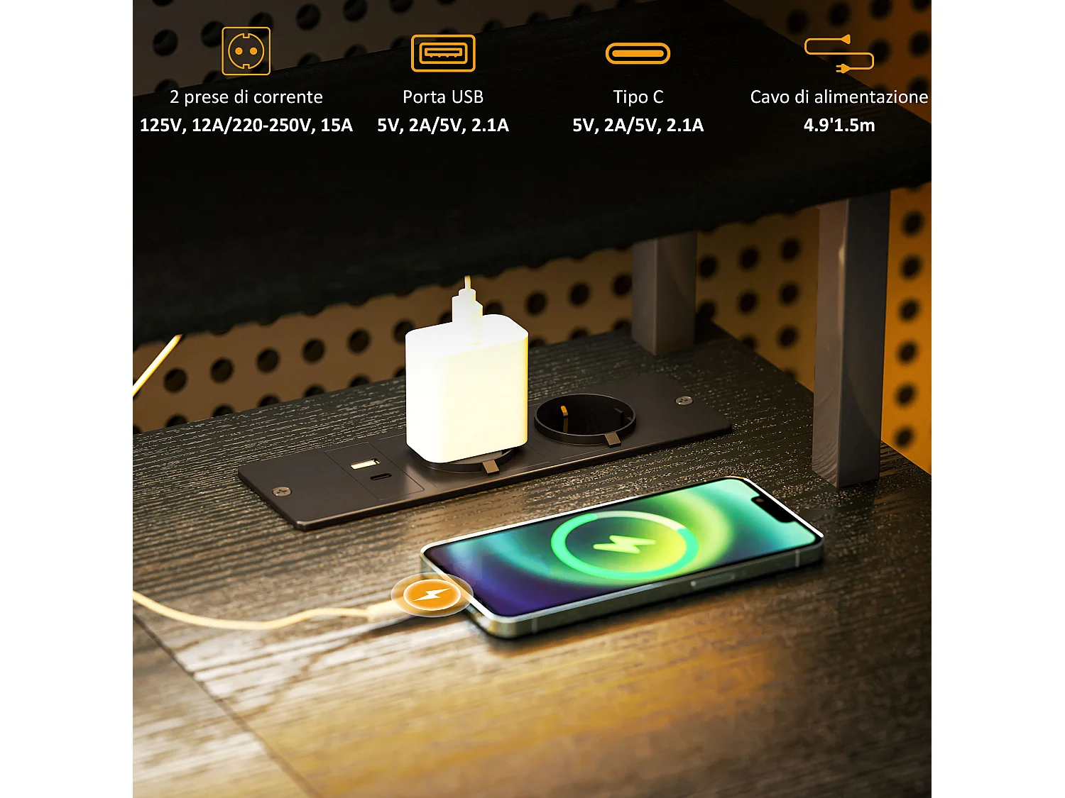 Scrivania per pc con prese elettriche luci led e rialzo monitor nero