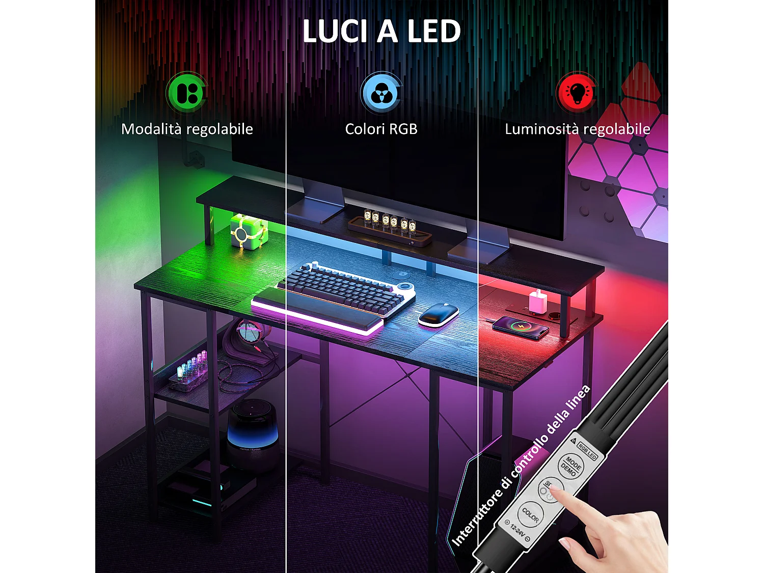 Scrivania per pc con prese elettriche luci led e rialzo monitor nero