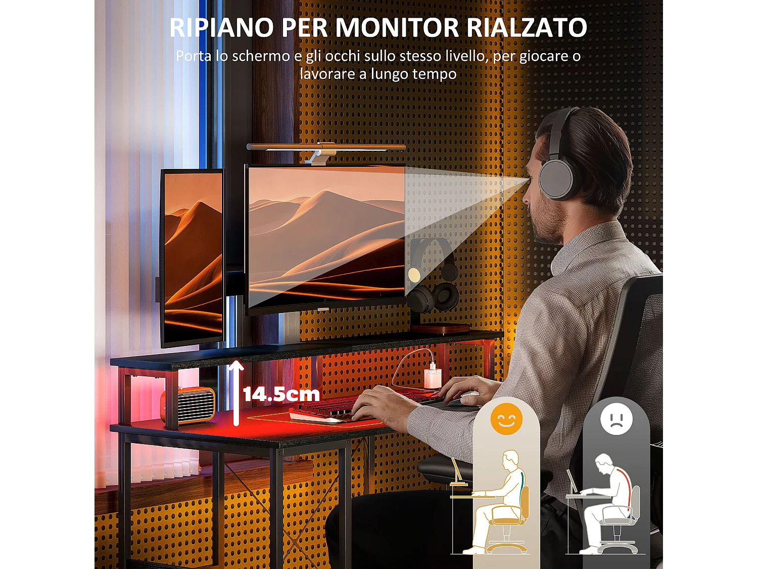 Scrivania per pc con prese elettriche luci led e rialzo monitor nero