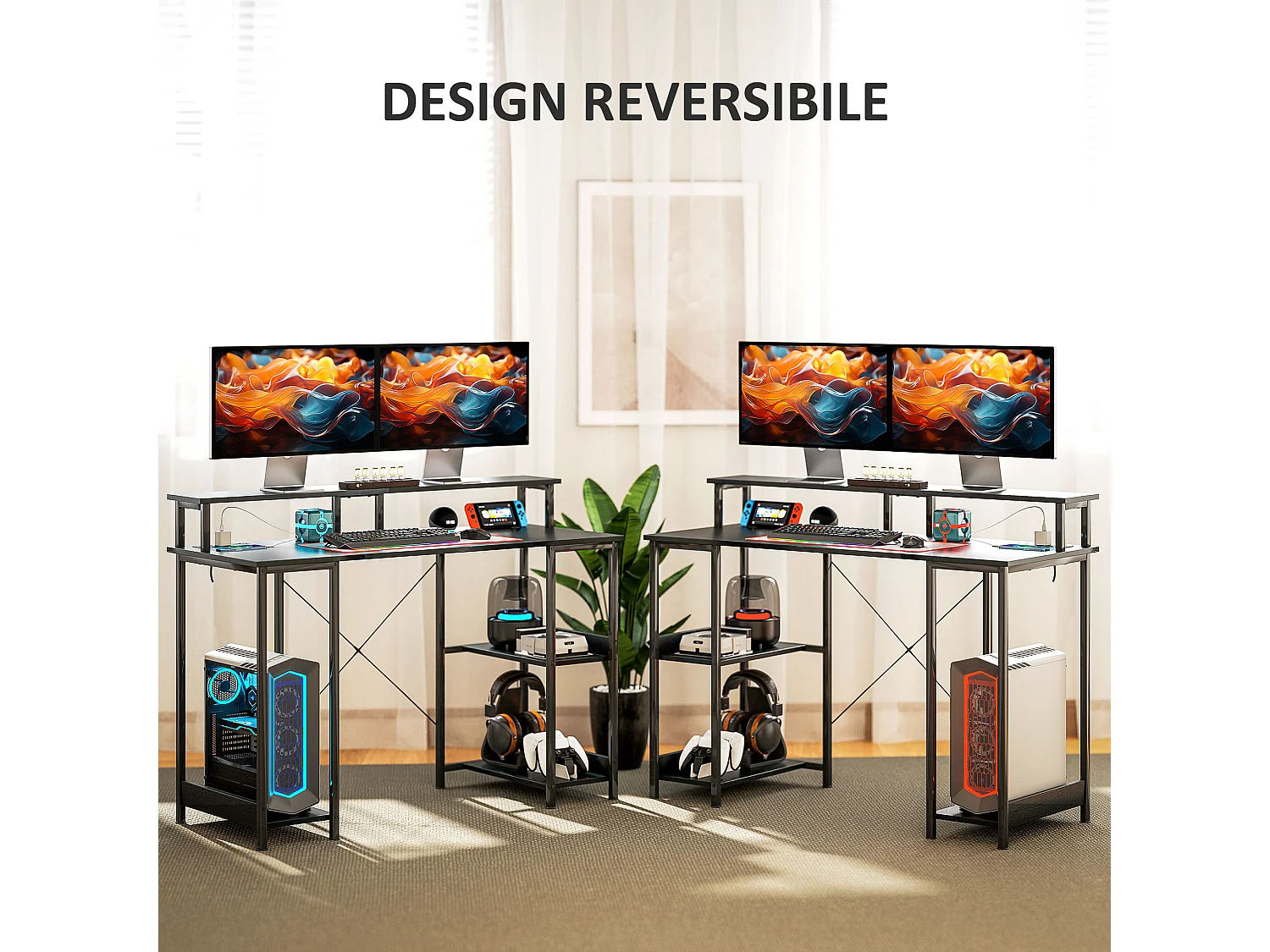 Scrivania per pc con prese elettriche luci led e rialzo monitor nero